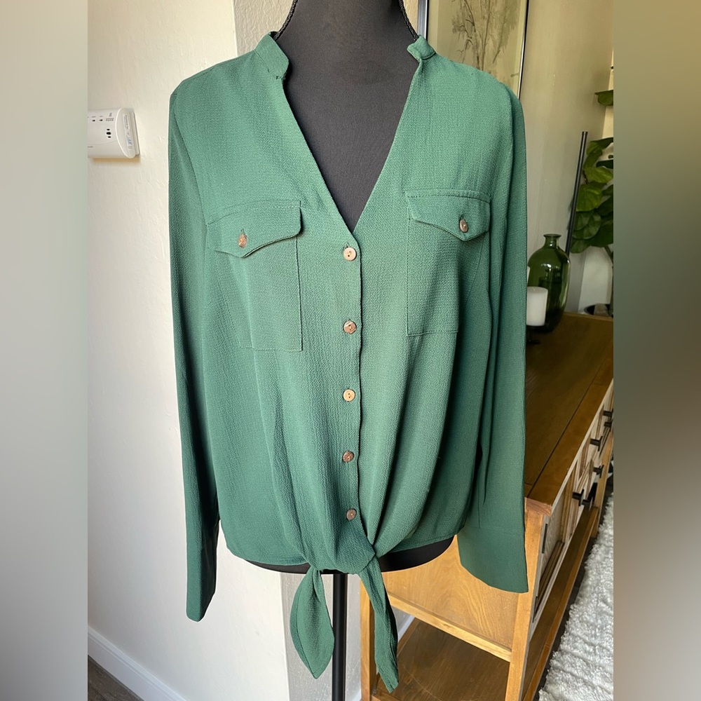 Monteau long sleeve button down green blouse with front tie detail- size Large